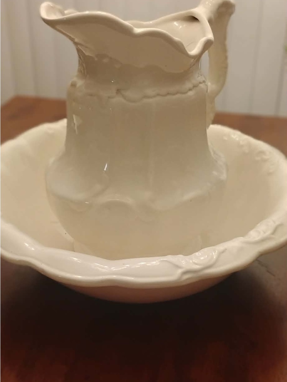 White Ironstone Scalloped Edge Ceramic Pitcher Set/Wash Basin